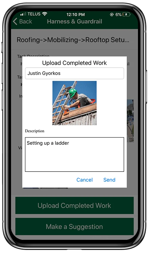 A screenshot of the app where the user can upload completed work